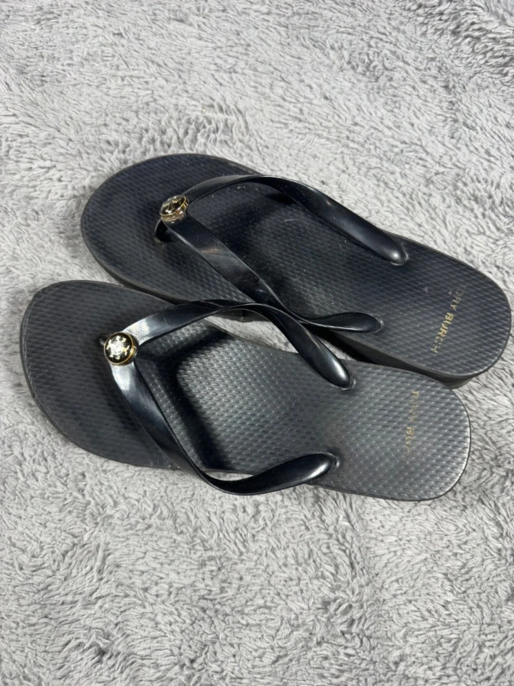 Tory Burch Flip Flop Sandals Women's Size 8 Black Logo Wedge Platform Thong